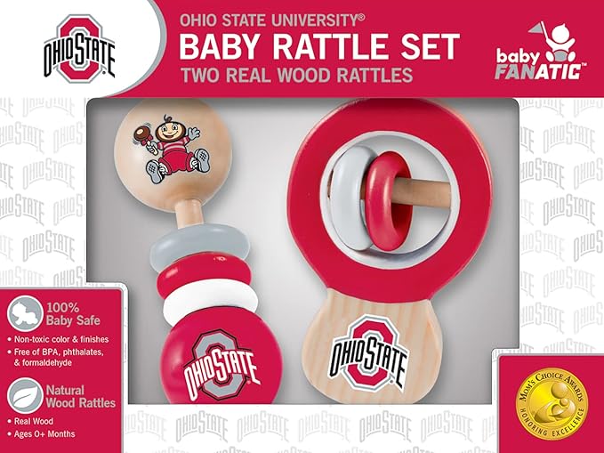 BabyFanatic Wood Rattle 2 Pack - NCAA Ohio State Buckeyes - Officially Licensed Baby Toy Set