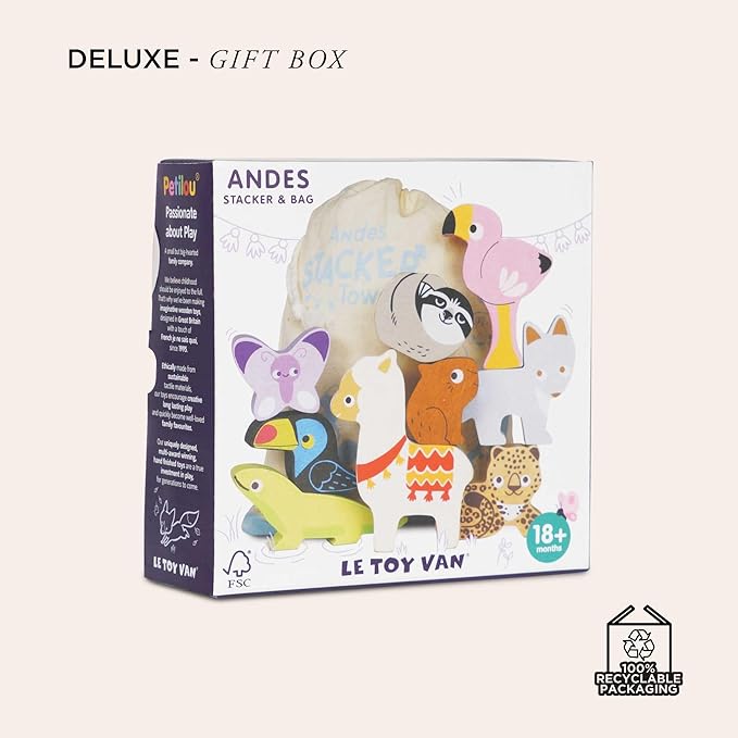 Le Toy Van - Wooden Andes Stacking & Bag - Petilou Forest Building Blocks Stacker & Bag - Educational Balancing Activity Toy for Kids Age 18 Months + - Tropical Animal Blocks