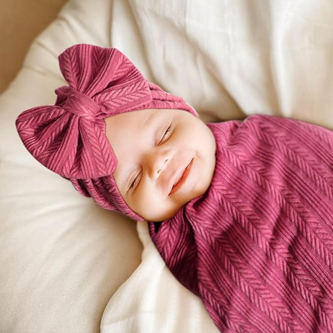 Newborn Receiving Blanket with Bow Hat Headband Wooden Card Set Wheat-Pattern Newborns Toddler Baby Boy Girl Nursery Swaddle Wrap