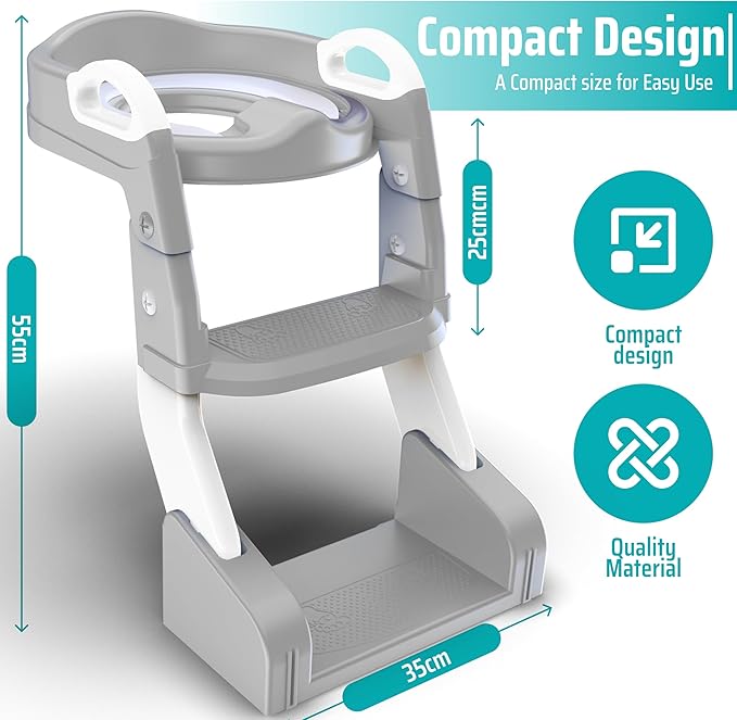3-in-1 Toddler Potty Training Toilet with Ladder, Easy Assembly, Collapsible Potty Training Seat, Anti-slip Foldable Toddler Toilet Seat with Adjustable Step Stool For Kids Boys And Girls (Grey)