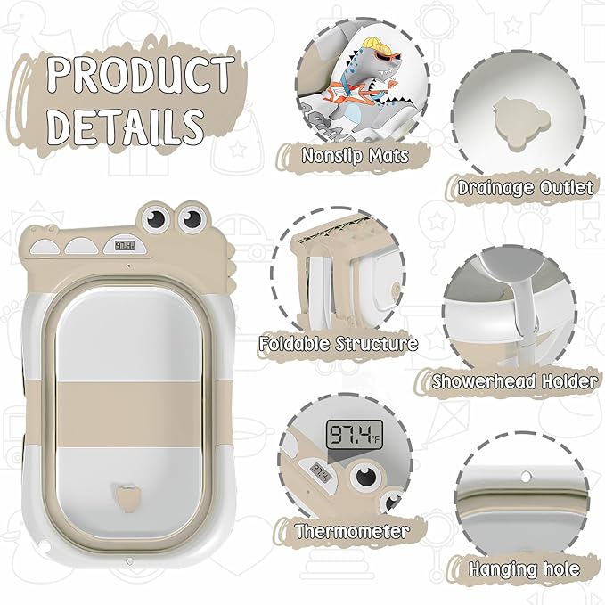 MoreFeel Collapsible Baby Bathtub for Newborn with Thermometer & 1 Hooded Towel & 1 Soft Floating Cushion,Portable Travel Bathtub with Drain Hole, Durable Foldable Baby Tubs for Infants to Toddler