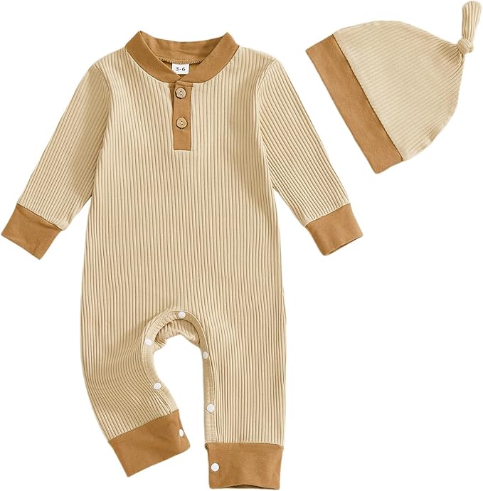 fhutpw Newborn Baby Boy Clothes Ribbed Knit Bodysuit 3 6 Months Infant Fall Long Sleeve Splicing Color Romper Jumpsuit & Hat