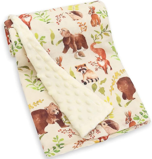 LifeTree Baby Blankets for Boys Girls, Soft Double Layer Swaddle Blankets, Muslin Front and Dotted Fleece Backing Receiving Bed Throw Blanket for Newborn Unisex, 31X40 Inches, Woodland