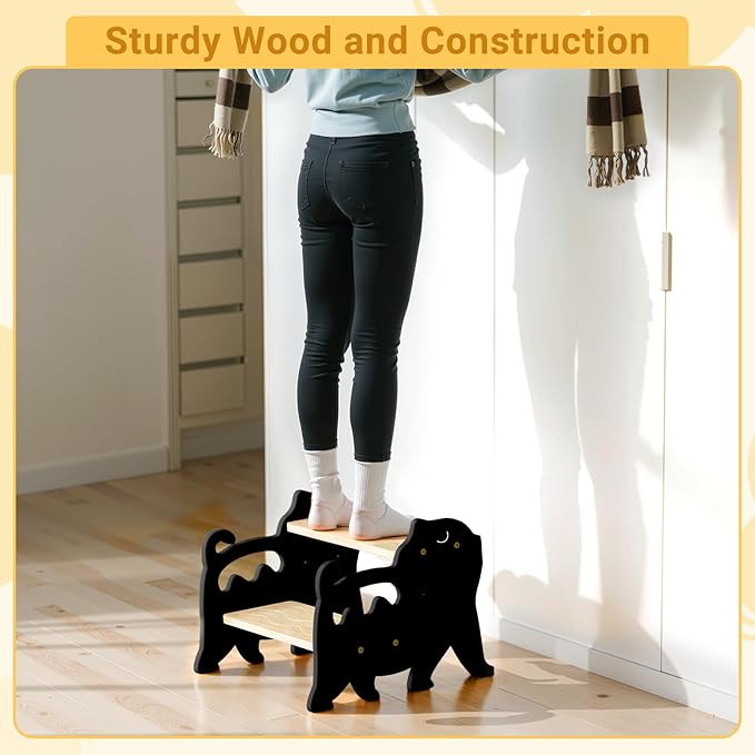 COSYLAND Kids Step Stool for Bathroom - Lovely Cat Potty Training Stool Toddler Step Stool for Toilet - Adjustable Height Kids Stepping Stool with Handle (Natural & Black)