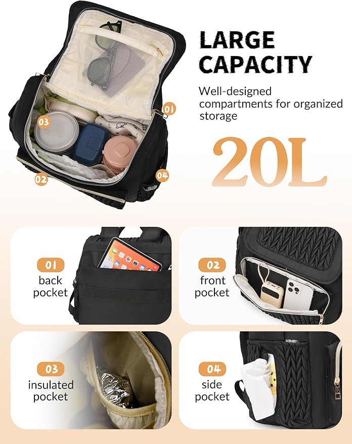 Diaper Bag Backpack, Baby Bag with Changing Pad, Travel Waterproof Diaper Bag Tote, Newborn Essentials Must Haves, Luxury baby shower gifts for boys & Girls, Black