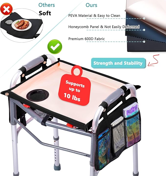 BAGSFY Walker Tray with Cup Holder & 2 Side Pockets, Folding Walker Table for Seniors | Sturdy, Easy-Clean Tray with PEVA Surface | Universal Fit for Standard Walkers, Walker Accessory for Elderly