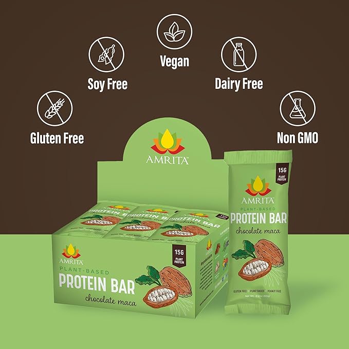 Amrita Nut Free Vegan Protein Bars (12 CT PK of 3) | Chocolate Maca 15g Plant-Based Protein Bar | Peanut-Free, Gluten Free, and Dairy-Free | No Added Sugar, High Fiber, Healthy Snacks for Kids/Adults