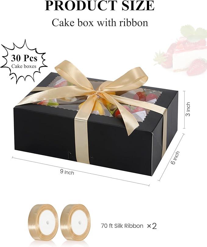 COTOPHER 30Pcs Cookie Boxes with Ribbons, 9x6x3 Inch Bakery Boxes with Window, Black Treat Containers for Pastries, Chocolate Covered Strawberries, Dessert, Easter Candy, Muffins, Donuts