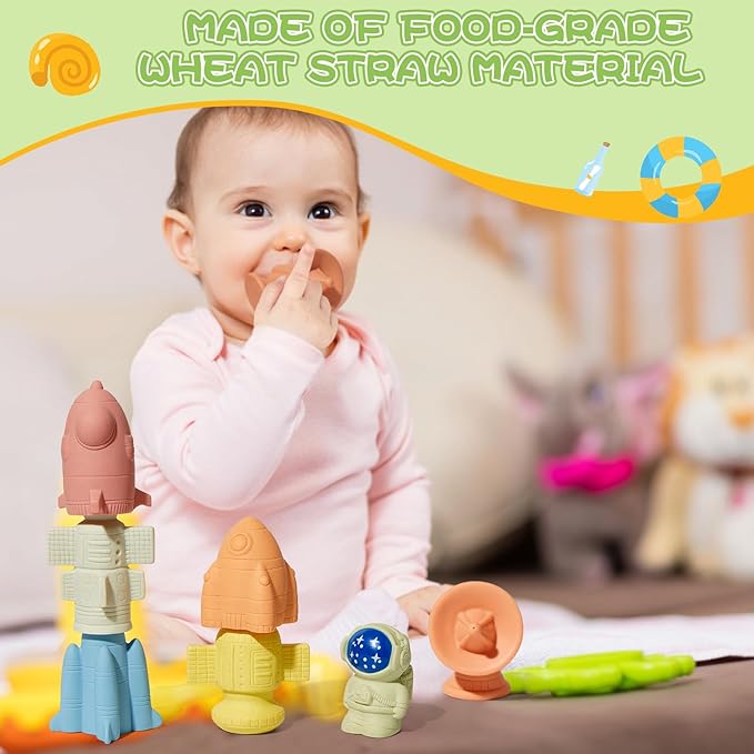 Mold-Free & No Holes Bath Toys 9 Pack | Safe Astronaut & Rocket Ship Toys for Babies 6-12M & Toddlers 1-3Y | Bathtub Pool Float Toys for Boys Girls