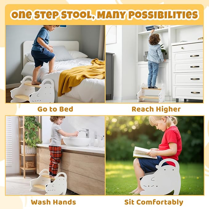 COSYLAND Wooden Kids Step Stool Holds Up to 220 Lbs - Adjustable Height 2 Step Stools for Toddlers - Easy to Clean Bathroom Stepping Stool with Non-Slip Surface and Carry Handle (Natural & White)