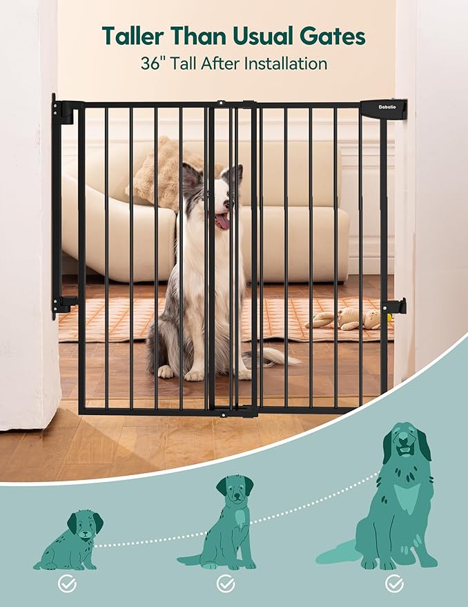 Babelio 34" Tall No Bottom Bar Baby/Dog Gate for Stairs, House and Doorways, 29.7-46.5" Auto Close Safety Pet Gates with Large Walk Thru Door, Hardware Mount, Black
