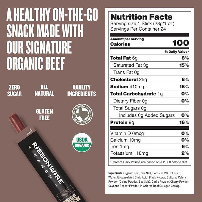 Ribbonwire Ranch Beef Sticks, Made with Organic Beef, Pasture Raised, High Protein Snack, Healthy, Low Carb, Keto Friendly, Gluten Free, Nitrate Free, On the Go, 1 Oz Sticks, Original Flavor, 24 Pack