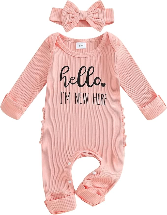 Newborn Baby Girls Rompers Knit Round Neck Long Sleeve Infant Fall Jumpsuits with Headband Coming Home Outfit