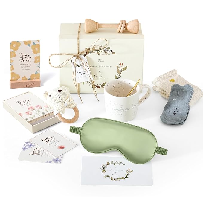 New Mom & Baby Gift Set | Pregnancy & Baby Shower Gifts for Her | Mama Bear Mug, Eye Mask & Baby Rattle Care Package