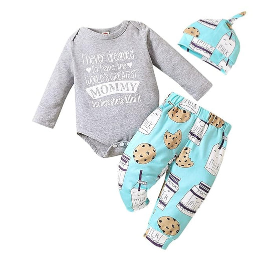 Newborn Infant Baby Clothes Long Sleeve Romper + Pants + Hat 3PCS Outfits Set