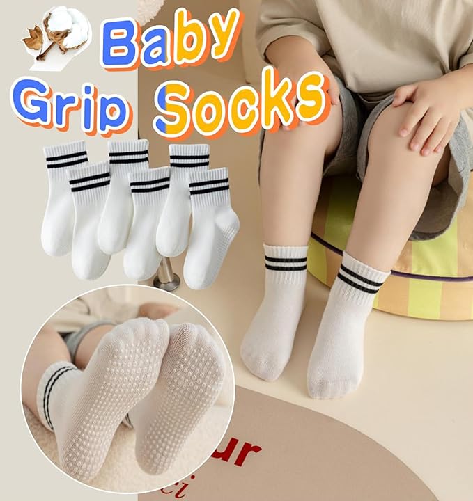 Toddler Grip Socks with Non-Slip, Unisex Baby Retro Stripe Seamless Crew Ankle Cotton Socks for Girls Boys 6 Pairs