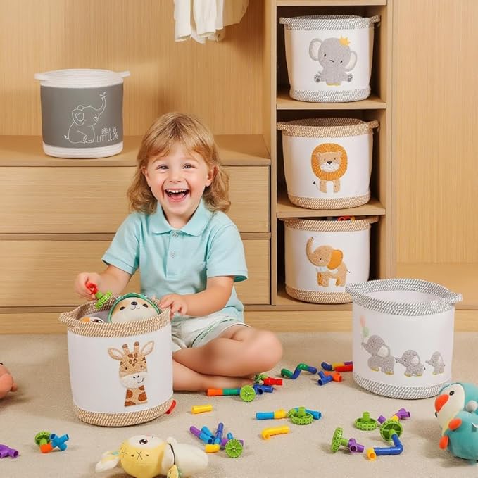 3-Piece Woven Baby Toy Blanket Storage Baskets Laundry Hampers, Elephant Design Foldable Nursery Organizer for Toys Clothes Stuffed Animals, Roomy Sturdy Hamper for Baby Gift Nursery Decor Basket