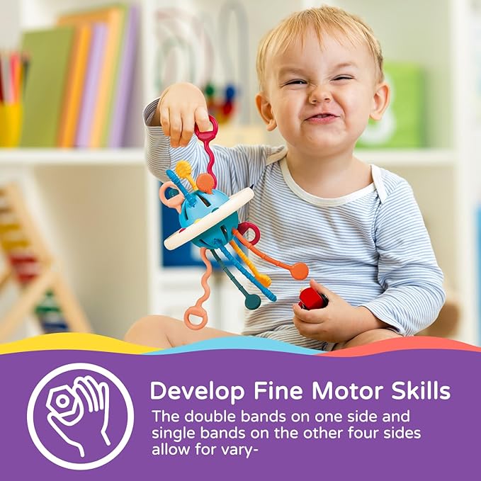 LiKee Montessori Toys for Baby 1+ Years Old, Sensory Development Toys for Toddlers 1-3, Silicone Pull String Travel Toy for 18+ Months, Gift for Baby Shower Infants Car Seat High Chair