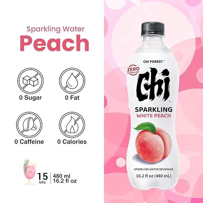 CHI FOREST Flavored Sparkling Water Beverage, White Peach, Zero Sugar, 16.2 fl oz Bottles (pack of 15)
