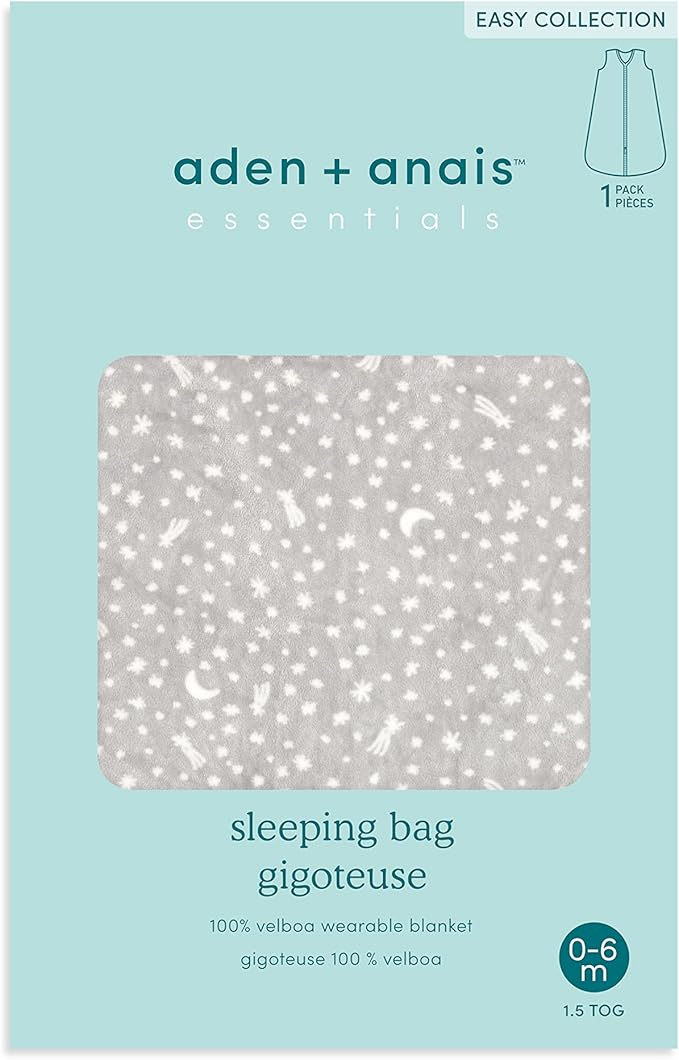 aden + anais Essentials Easy Sleeping Bag, 100% Polyester Snuggly Velboa, Wearable Baby Blanket, TOG 1.5, Small, 0-6 Months, Winter Sky