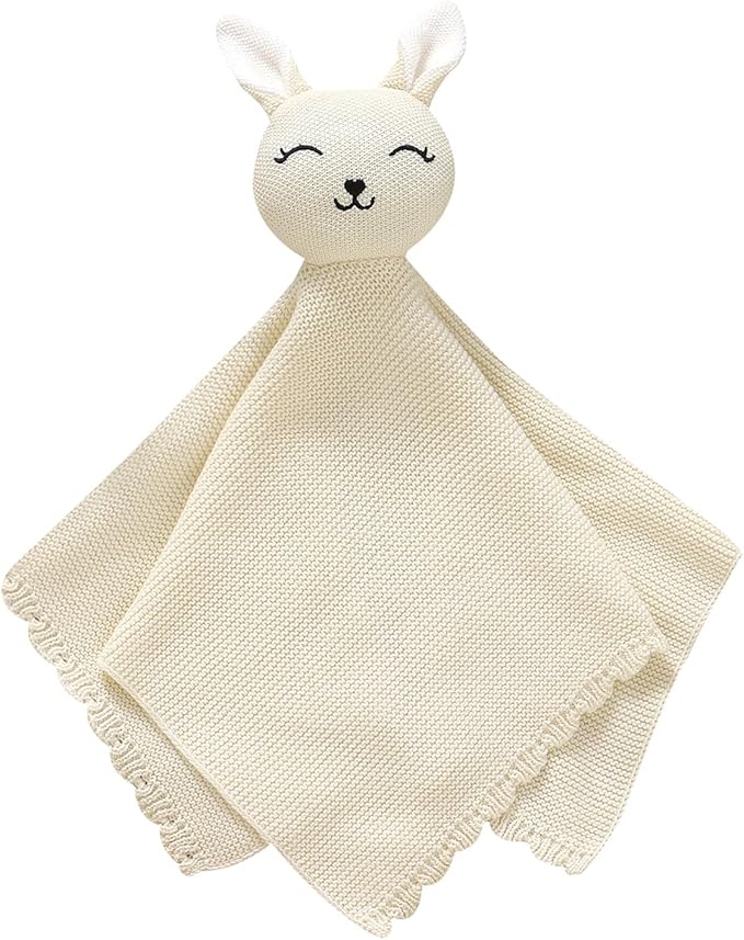 LAWKUL Bunny Lovey Baby Blanket Soft Cuddly Security Blanket Knit Snuggle Comfort for Newborns Toddler Boy Girl White 16x16in