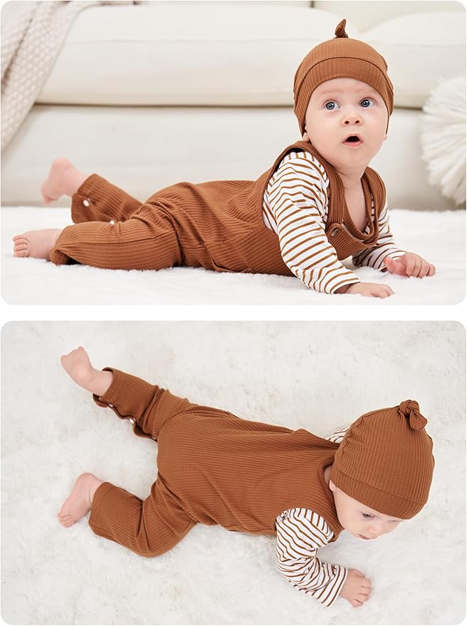 oklady Baby Boy Clothes Stripe Pattern Print Romper Top and Baby Overalls with Hat 0-18 Months Baby Boy Outfits