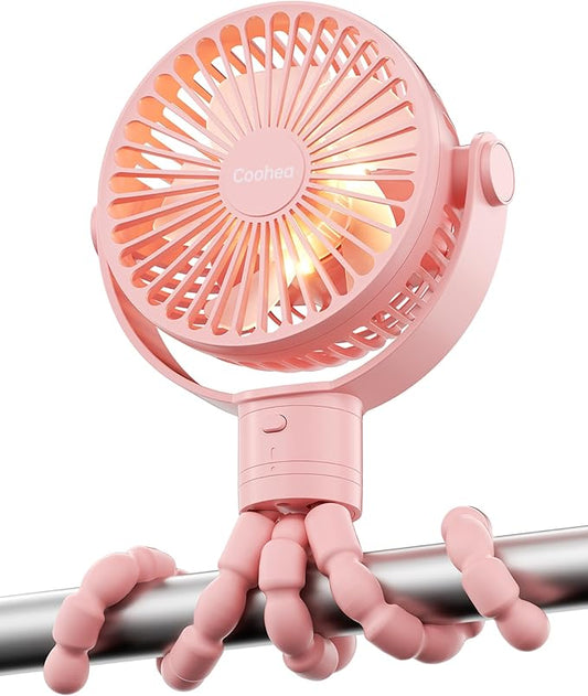 Stroller Fan Rechargeable Battery Powered Portable Fans, Head Detachable 360° Rotatable Clip on Fan, 3 Speed Quiet Small Mini Fans with Light Night for Carseat, Bed, Crib, Bike, Travel, Pink