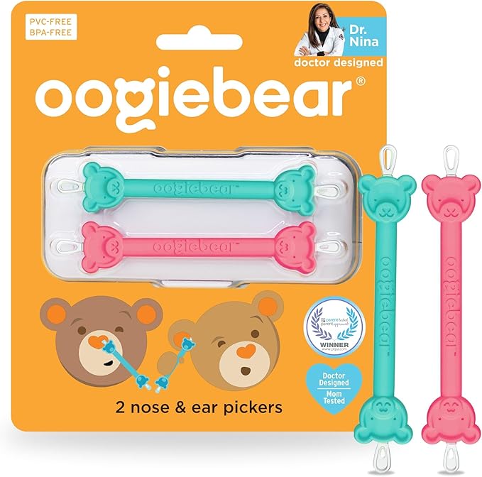 oogiebear Baby Nose Cleaner & Ear Wax Removal Tool - Safe Booger & Earwax Removal for Newborns, Infants, Toddlers - Dual-Ended - Essential Baby Stuff, Diaper Bag, Raspberry & Seafoam with case