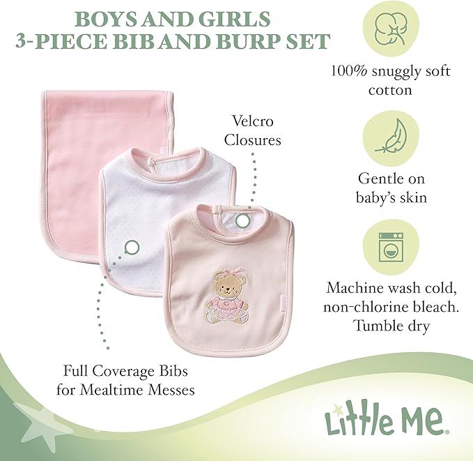 Little Me Clothes for Baby Boys’ and Girls’ 2 Bibs and 1 Burp Cloth Set, Soft Cotton Feeding Essentials with Velcro Closures