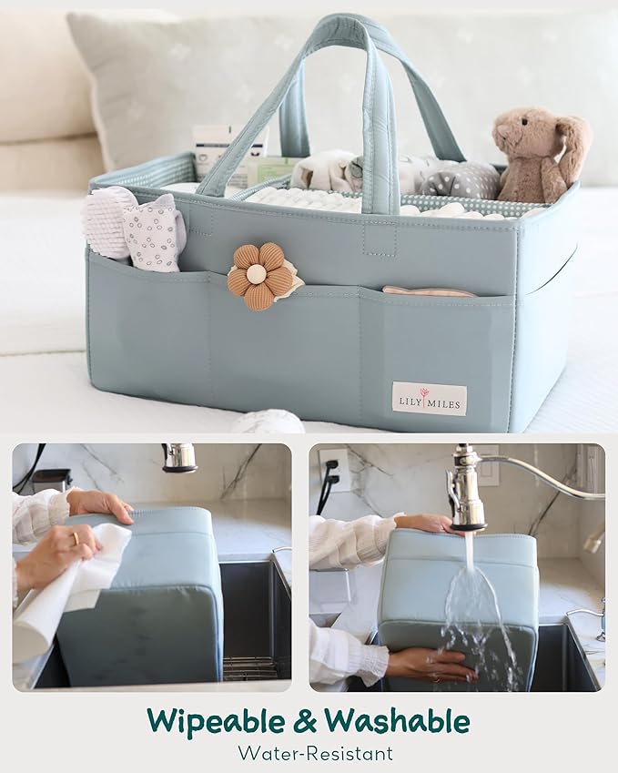 Lily Miles Baby Diaper Caddy Organizer, Wipeable Diaper Organizer Basket with 8 Pockets for Newborn Essentials, Nursery Tote Bag for Changing Table & Car Organization (Willow Green, Large)