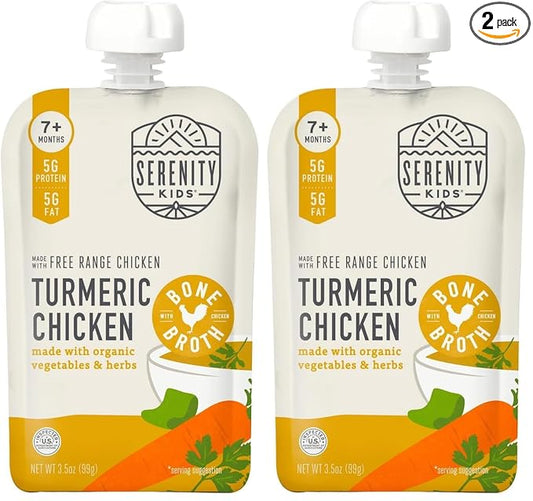 Serenity Kids Bone Broth Puree Made With Organic Veggies | Clean Label Project Purity Award Certified | 3.5 Ounce BPA-Free Pouch | Pasture Raised Turmeric Chicken | 1 Count (Pack of 2)