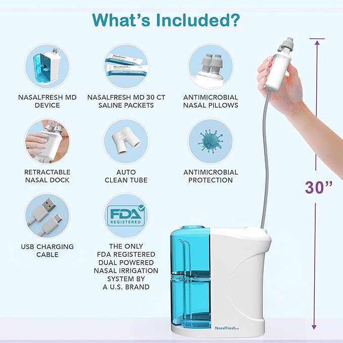 NASALFRESH MD - Dual Powered Nasal Irrigation System Nasal Rinse and Wash - Sinus Decongestant Relief System w/ 30 Saline Packets - Rechargeable - 1 Set of Nose Pillows - Snoring Remedy