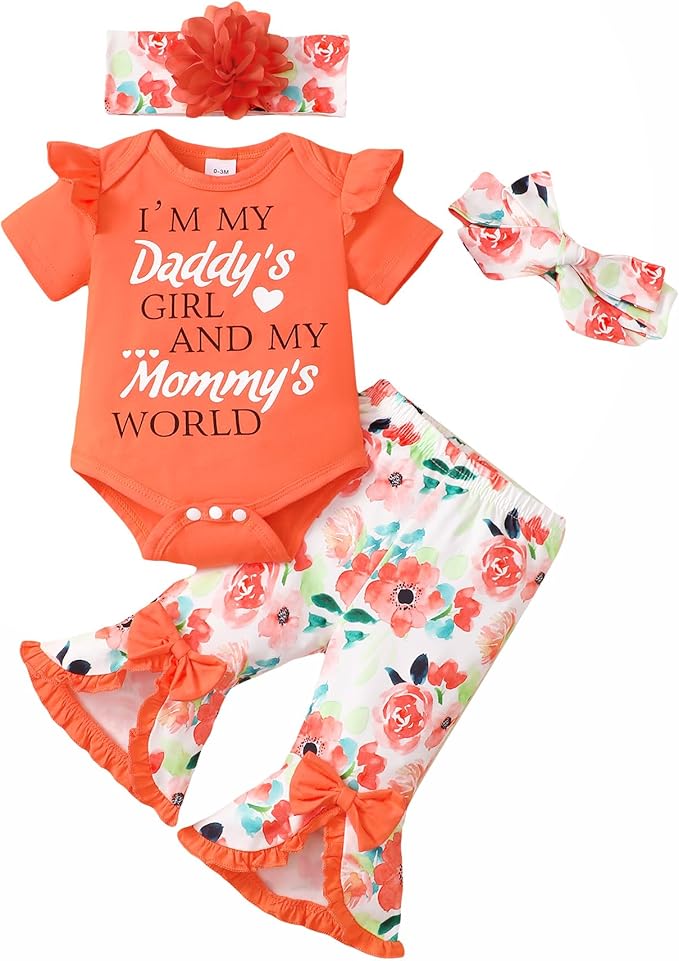 SUNNY PIGGY Newborn Baby Girl Clothes Infant Outfits Romper Floral Fall Outfit Bell Bottoms Pant Sets Hat Headband Flowerpant