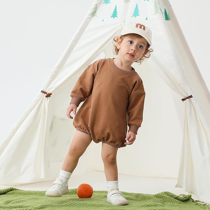 Bafeicao Baby Boy Girl Sweatshirt Romper Organic Cotton Solid Color Long Sleeve Bubble Romper Oversized Warm Fall Winter