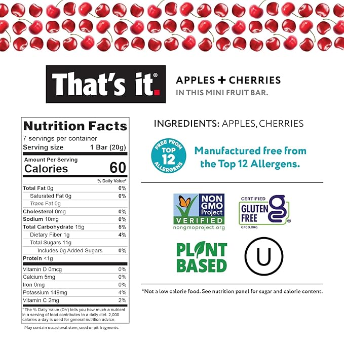 That's it. Mini Fruit Bars (Variety 35 Pack) No Sugar Added, Plant-Based, Vegan & Gluten Free, Breakfast Bar, Paleo, for Children & Adults, Non GMO, Fiber (7 Blueberry, 7 Cherry, 7 Fig, 7 Mango, 7 Strawberry)