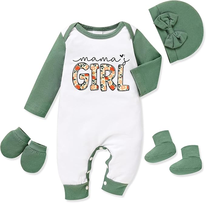 Sinhoon Newborn Baby Girl Romper Infant Letter Print Bodysuit Jumpsuit+Hat+Gloves+Socks 4Pcs Coming Home Clothes Outfit