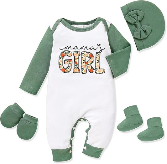Sinhoon Newborn Baby Girl Romper Infant Letter Print Bodysuit Jumpsuit+Hat+Gloves+Socks 4Pcs Coming Home Clothes Outfit