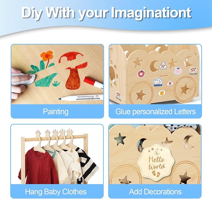 Wooden Baby Shower Basket with Hanger Rack - Personalized Baby Gift, Newborn Essentials Organizer for Nursery, Welcome Gift Basket for Newborn, Pregnancy Gifts for New Parents.