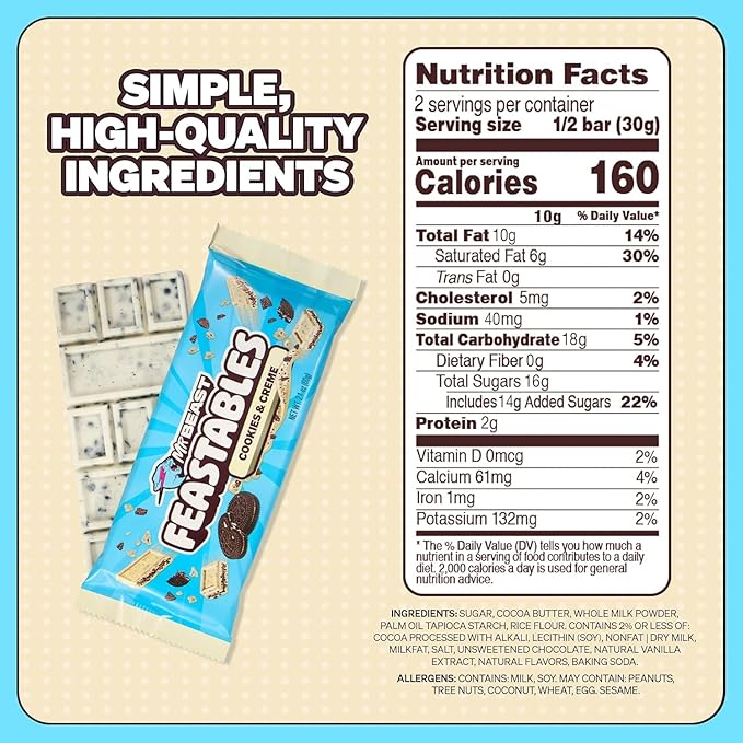 Feastables MrBeast Milk & Cookies Pack, King Size Milk Chocolate & Cookies & Creme Bars, 10 Each, Candy Bars for Adults & Kids as Snacks, Gifts, or Dessert, Fairtrade Cocoa, 2.1 Oz Each, 20 Count