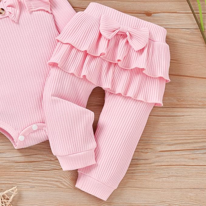 Aalizzwell Preemie Newborn Infant Baby Girls Clothes Ribbed Bodysuit Pants Set Fall Winter Outfits