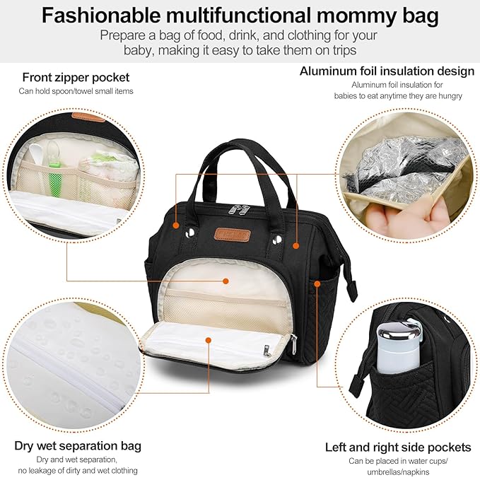 Small Diaper Bag, Stroller Organizer with Insulated Cup Holder & Detachable Shoulder Strap, Convertible Diaper Bag Tote for Short Trip (Black)