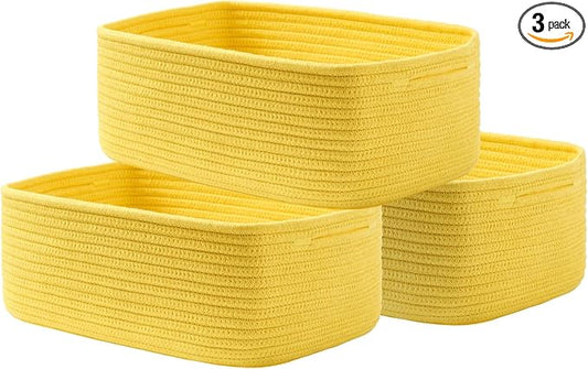 Small Woven Basket, 13.5 x 9.5 x 5 Inches, Storage Basket for Organizing, Cute Small Rope Shelf Closet Cube Storage Bins Baskets for Shelves, Dog Toy Gift Baskets Empty, 3 Pack Yellow
