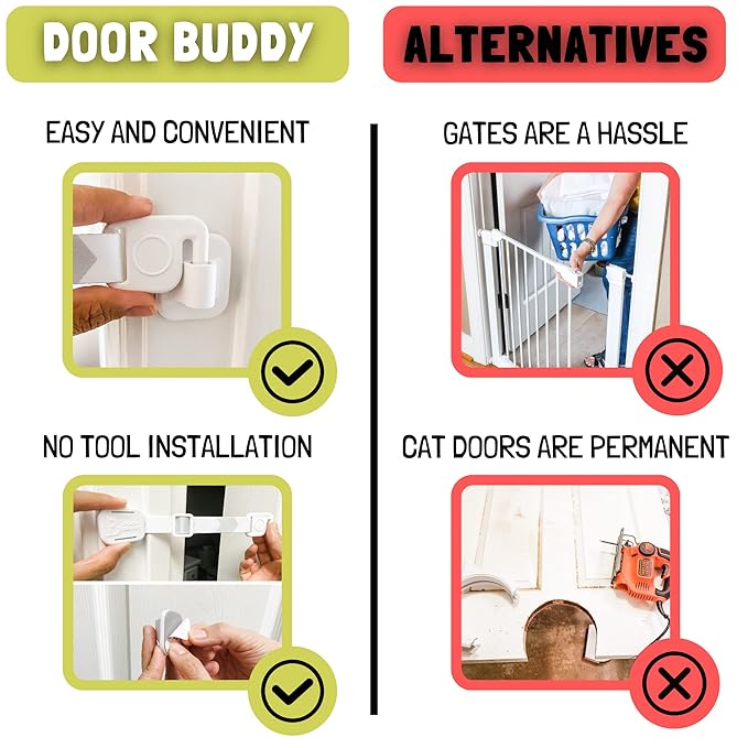 Door Buddy Child Proof Door Lock & Cat Door Stopper. Adjustable Door Strap Latch to Baby Proof Door & Keep Toddler out of Cat Food & Litter Box. Easy Pet & Baby Gate with Cat Door Interior Alternative