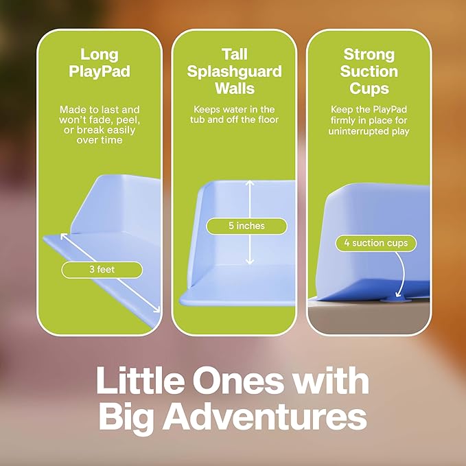 PlayPad, 3-Ft Long with SplashGuard For Bathtub, 5-Inch Tall - Kids Mess-Free Bath and No Leaks with Strong Suction Cups - Ocean Blue