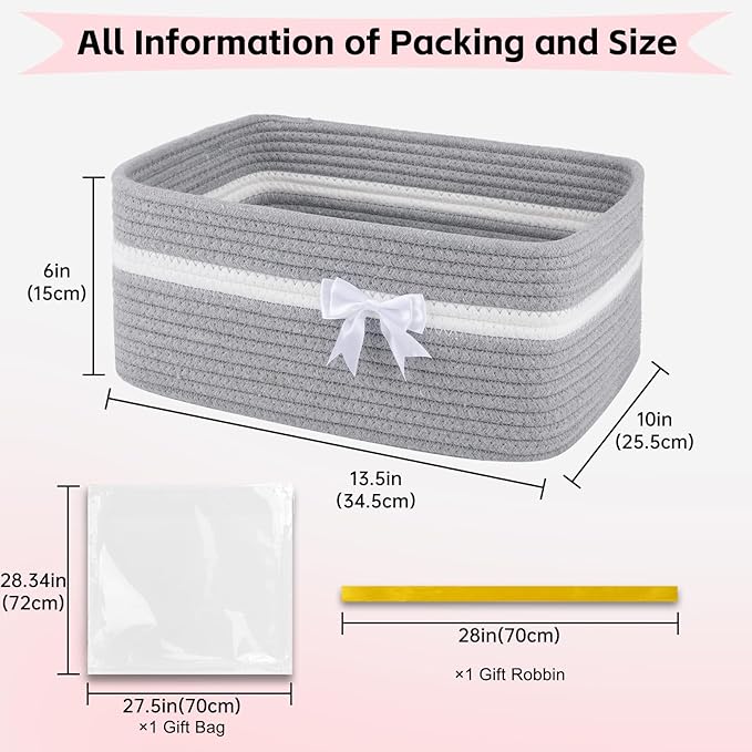 OIAHOMY Large Woven Storage Basket with Handles for Nursery Living Room Shelves, Bow Basket for Gifts Empty with Gift Bags and Ribbons for Baby Showers Pet Toy Bin - Grey