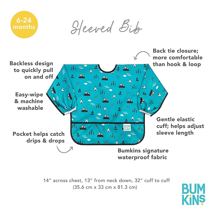 Bumkins - Sleeved Bib - For Boys & Girls, Babies & Toddlers 6-24 Months - Lightweight, Durable, Waterproof -Long Sleeve Bib -Catch-All Pocket -Wipeable & Machine Washable -Dinosaurs & Outdoors -2 Pack