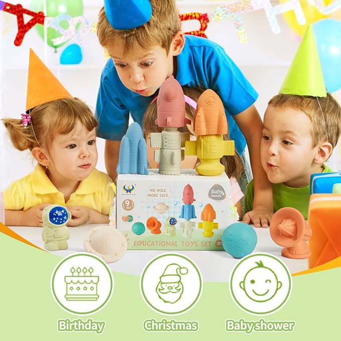 Mold-Free & No Holes Bath Toys 9 Pack | Safe Astronaut & Rocket Ship Toys for Babies 6-12M & Toddlers 1-3Y | Bathtub Pool Float Toys for Boys Girls