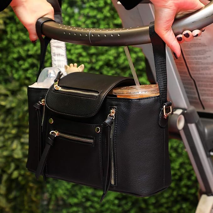 miss fong Stroller Organizer with Insulated Cup Holder Stroller Caddy Stroller Accessory BagStroller Diaper Bag Stroller Storage Stroller Bag with Adjustable Strap to Fit All Strollers (Black)