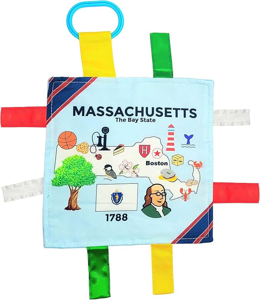 Baby Jack & Co 8x8” Learning Massachusetts State Tag Stroller Toy for Babies - Crinkle Toys for Developing Five Senses - Learn About Capitals - Travel with Baby Jack - BPA Free Clip