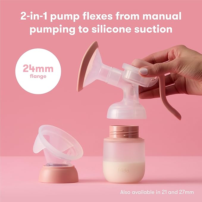 Frida Mom 2-in-1 Manual Breast Pump with Hands-Free Silicone Suction Cup, Milk Collector, Wireless Ergonomic Handle, and SoftFeel Flange for Breastfeeding